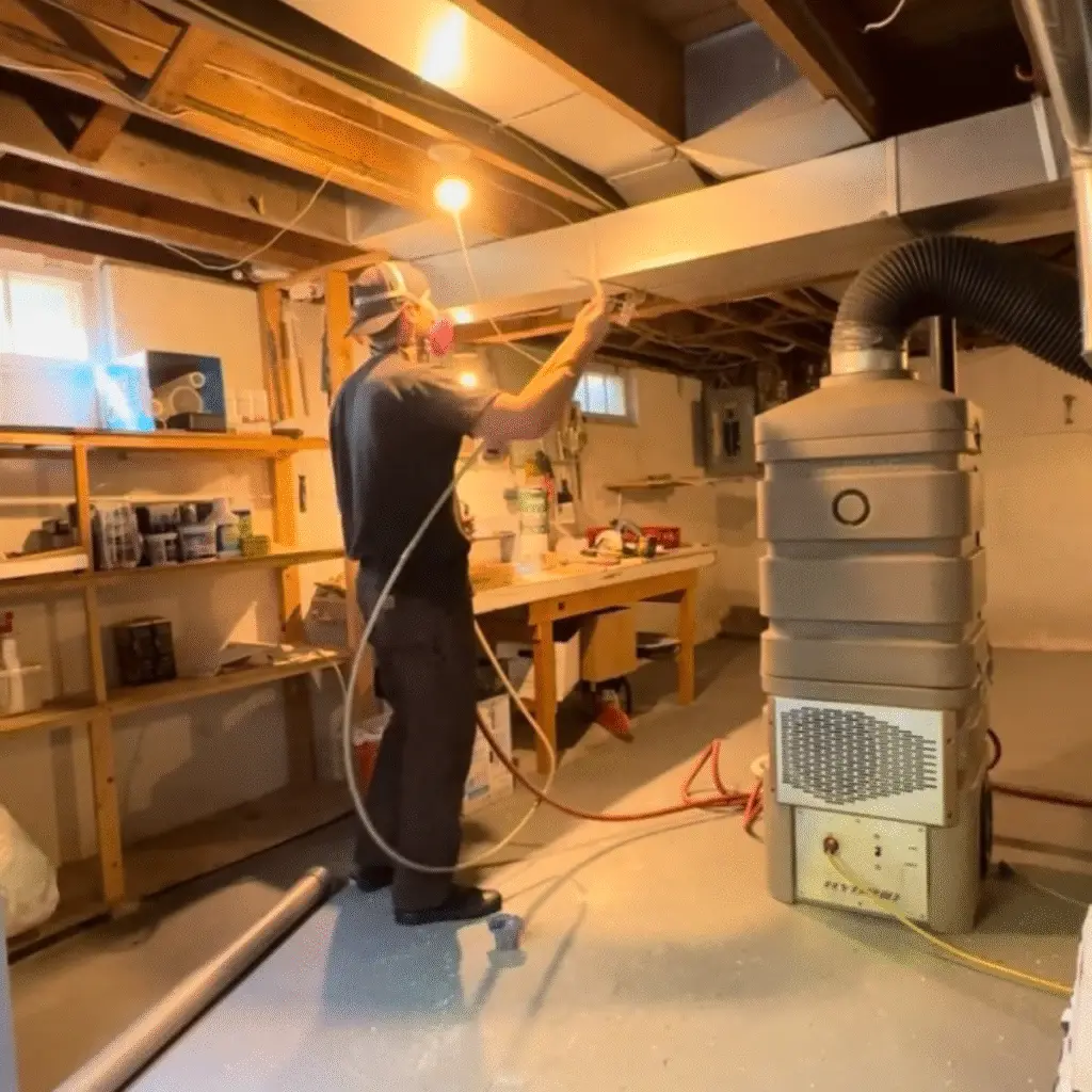 Technician cleaning air ducts in a basement using specialized equipment, ensuring improved air quality and HVAC efficiency for homes.