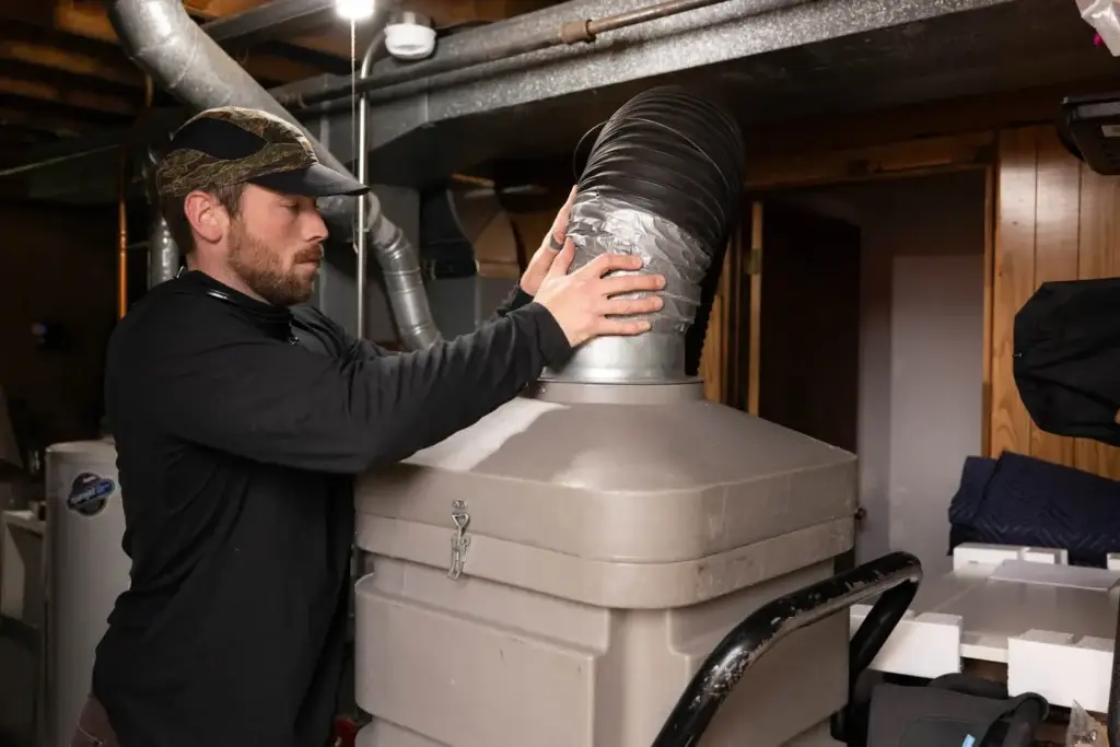 Man inspecting and securing a dryer vent connection in a basement, emphasizing dryer vent maintenance for fire prevention and air quality improvement.