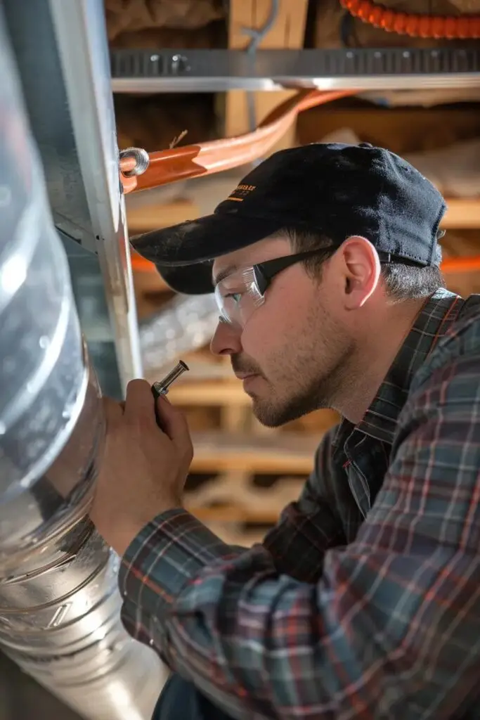 Technician inspecting and cleaning a dryer vent for improved HVAC efficiency and fire prevention.