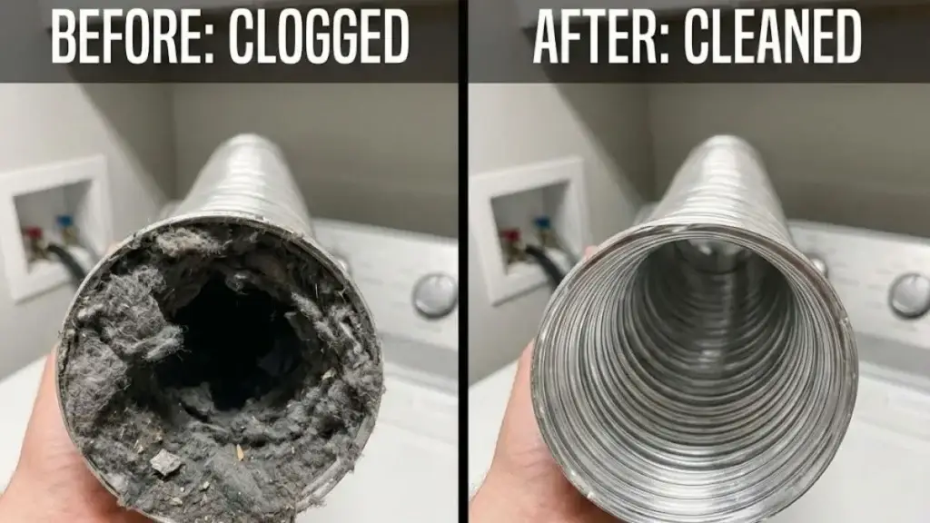 Clogged dryer vent before and after cleaning, showcasing significant lint buildup on the left and a clear, clean vent on the right, emphasizing the importance of dryer vent maintenance for energy efficiency and safety.