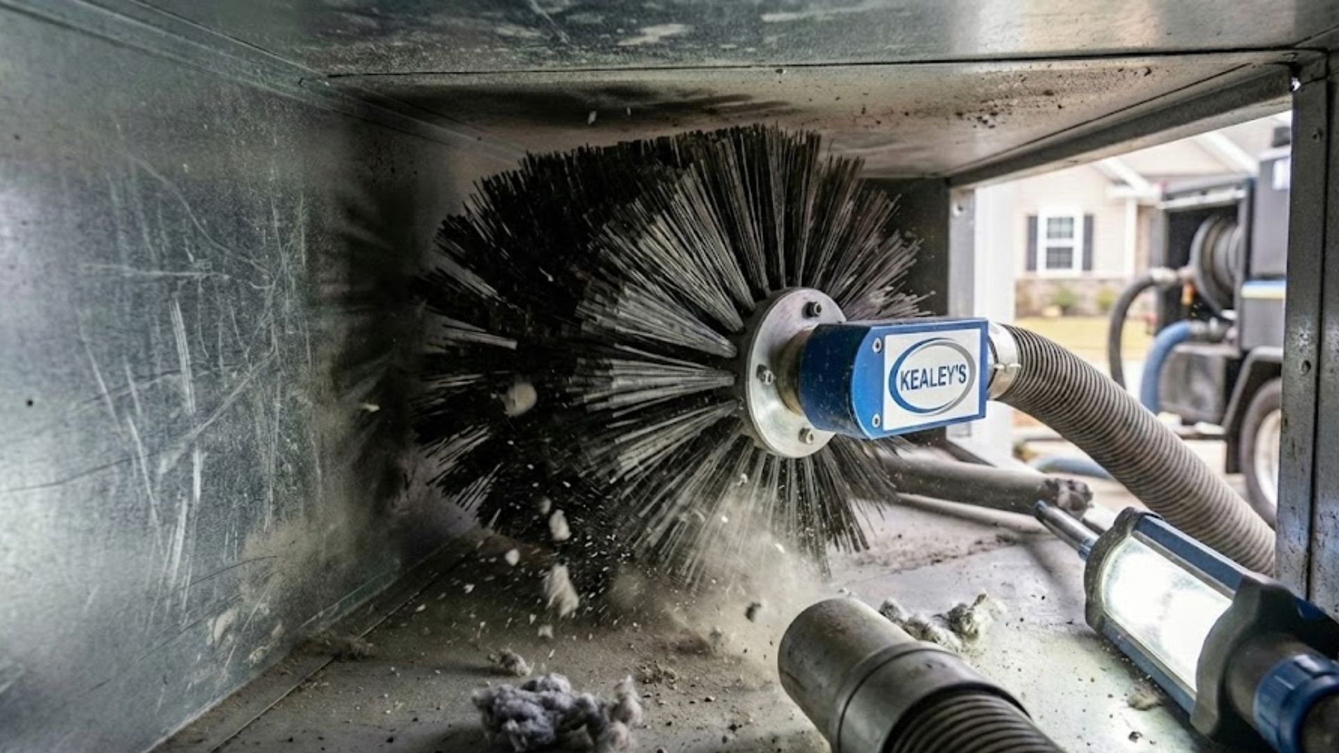 Professional rotary brush air duct cleaning equipment in action - Kealey's Salisbury MA