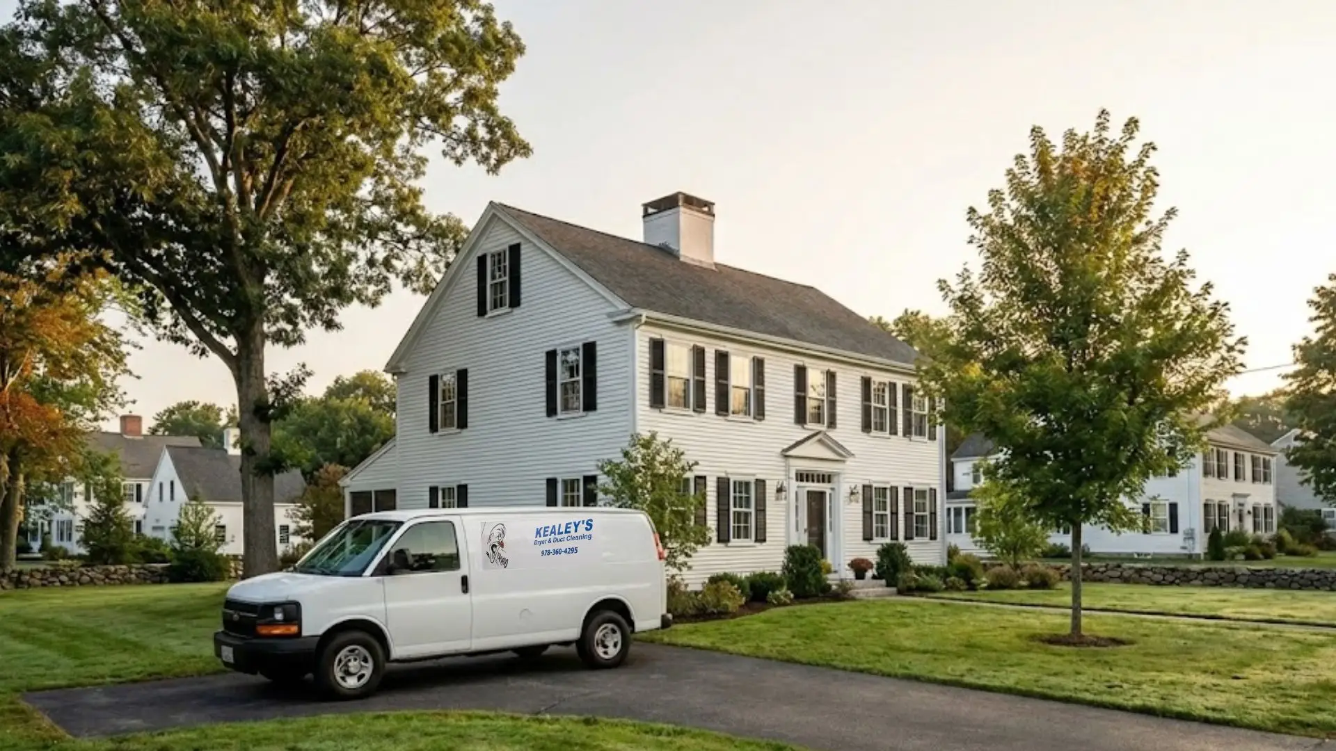 Coastal home exterior and Kealey's Duct and Dryer Cleaning service van in Salisbury, MA