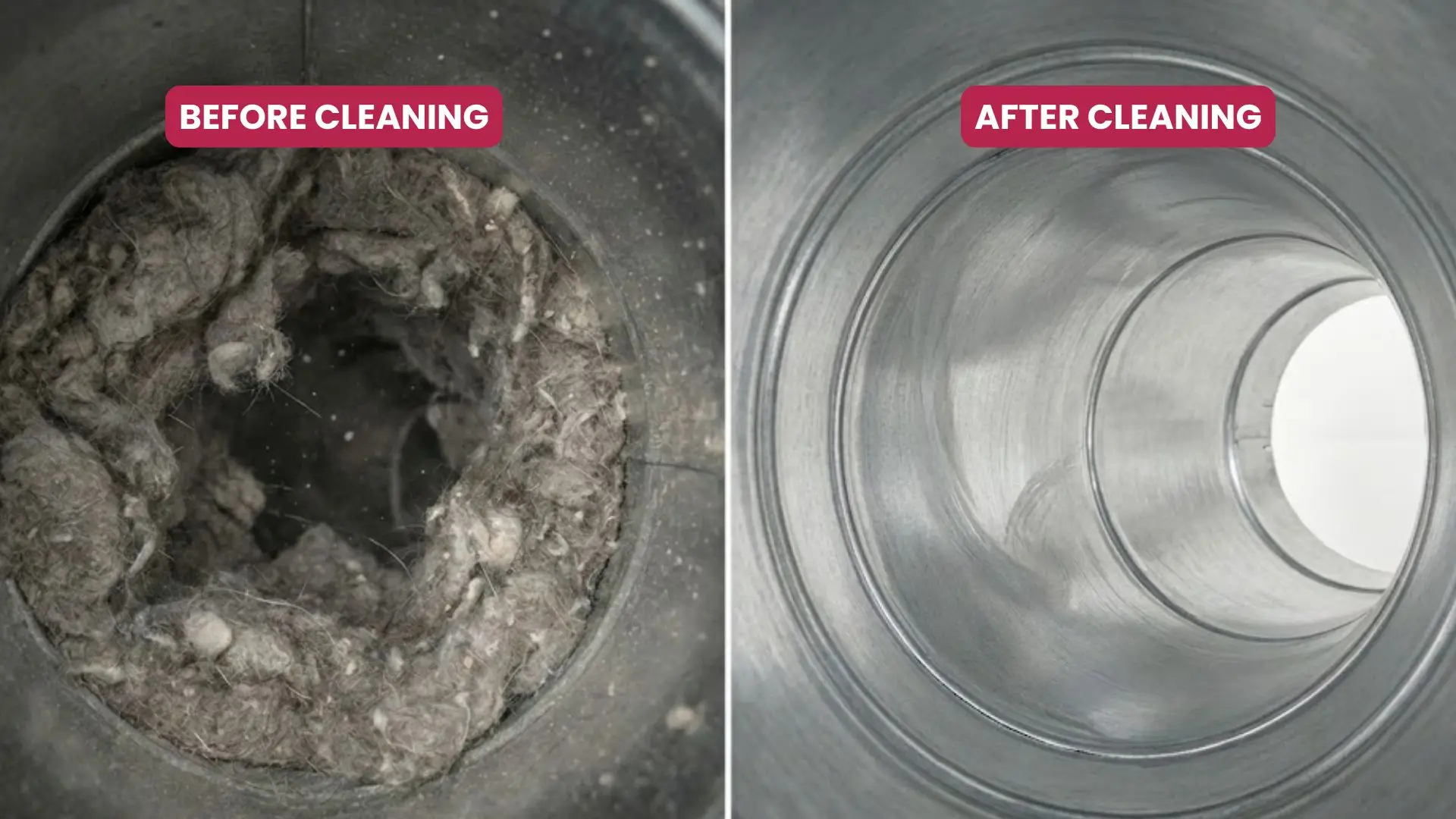 Before and after images of a dryer vent, showing dramatic lint buildup before cleaning and a clean, smooth interior after professional dryer vent cleaning, highlighting the importance of maintaining safe airflow to prevent fire hazards.