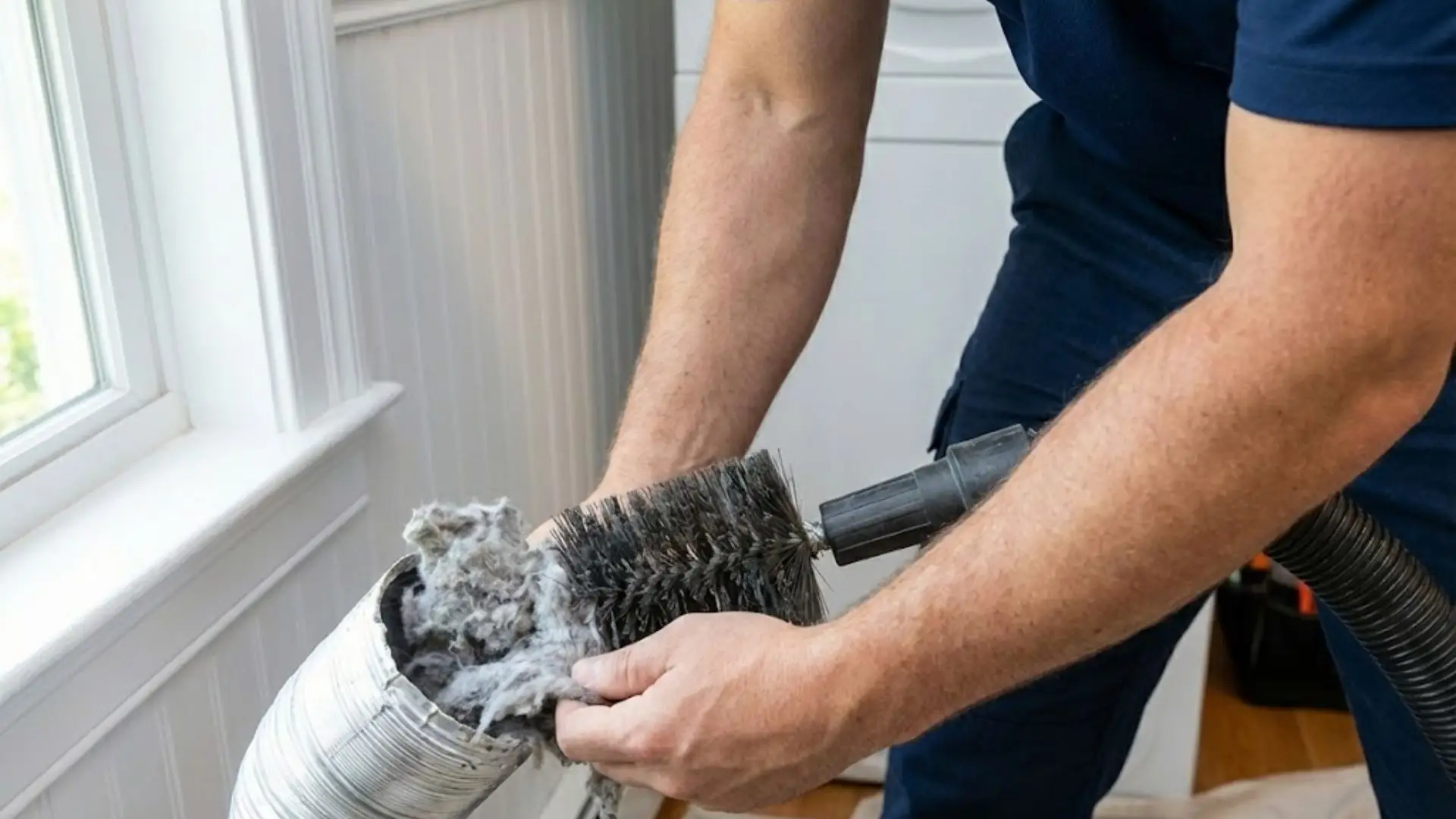 Professional dryer vent cleaning in progress showing lint removal from vent line