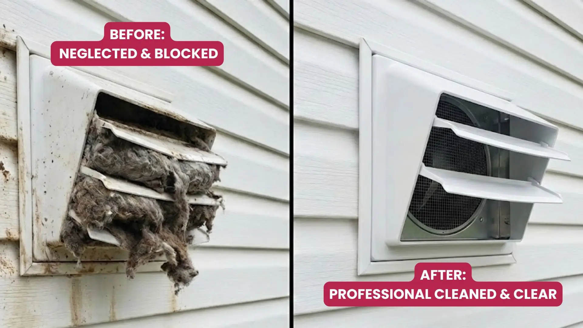 Before and after exterior dryer vent hood showing dramatic cleaning transformation