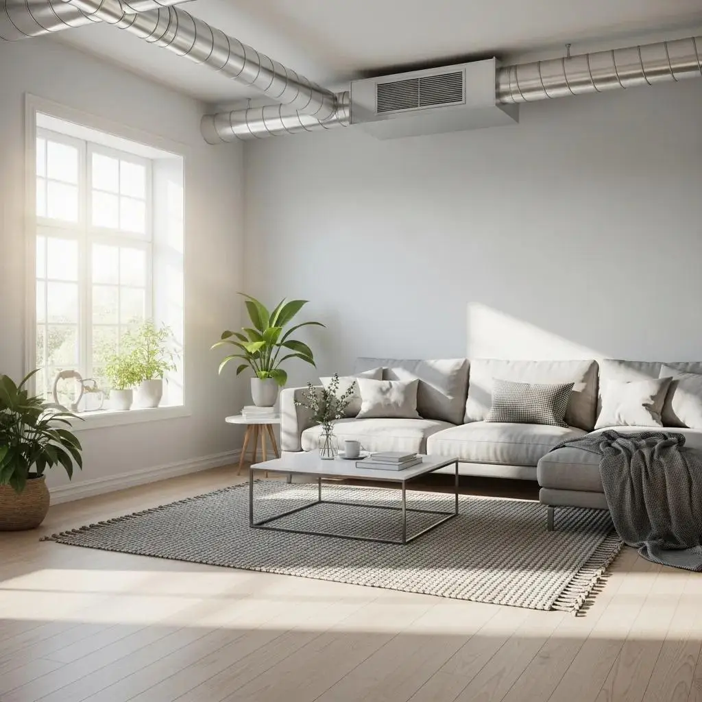 Bright living room with clean air ducts, modern gray sofa, coffee table, indoor plants, and natural light emphasizing energy efficiency and comfort.