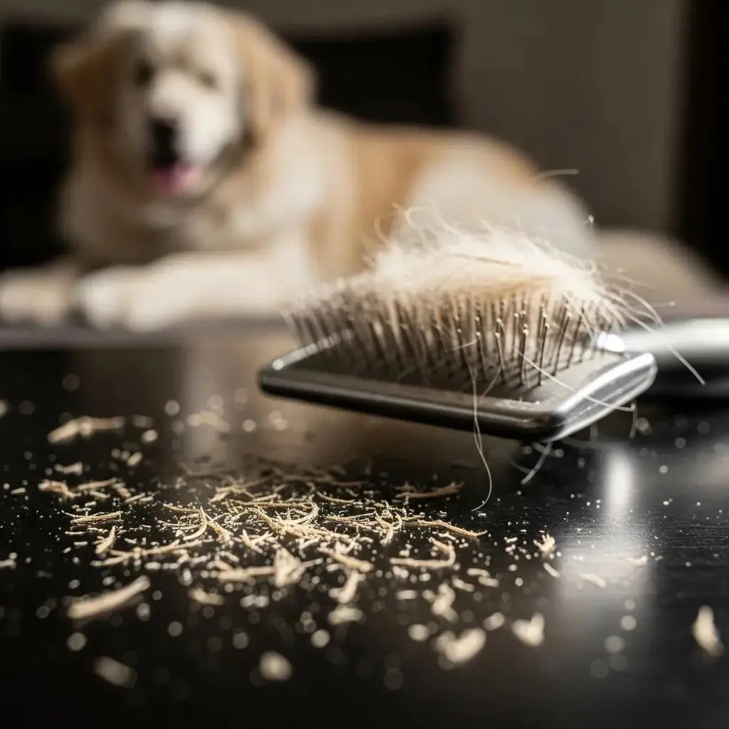 Close-up of pet dander particles with a grooming brush, illustrating allergens in homes with pets