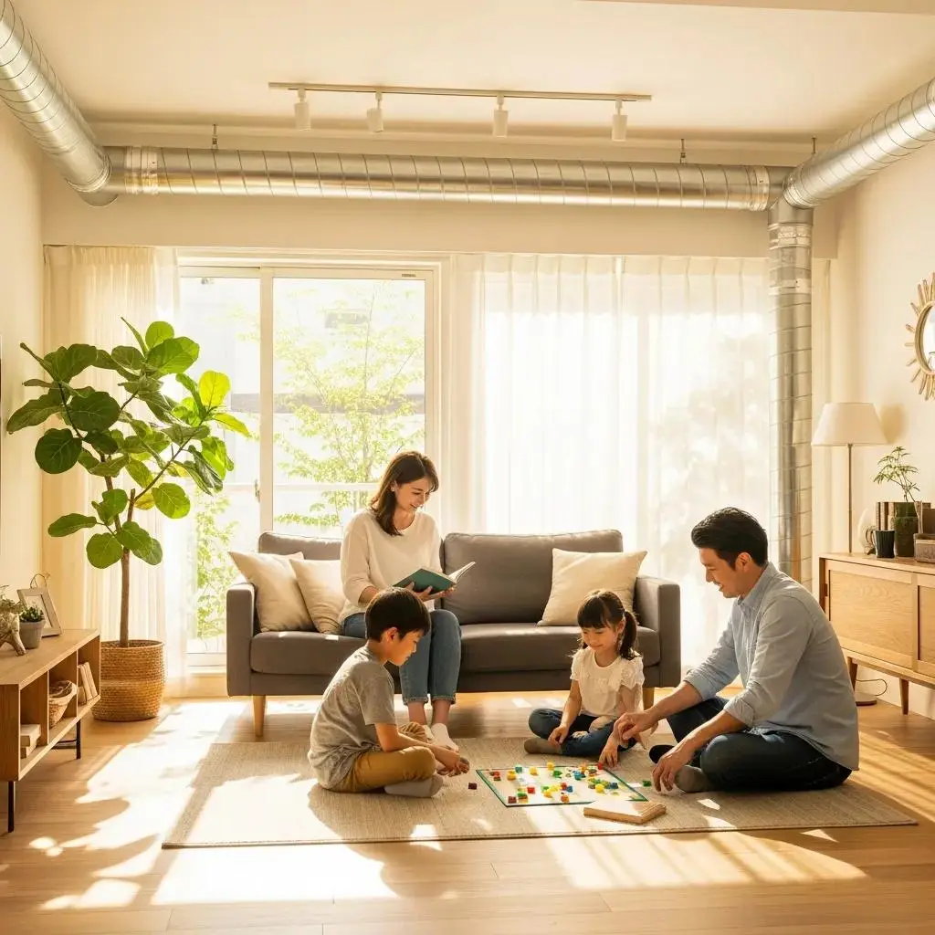 Family enjoying quality time in a clean living room with visible air ducts, emphasizing the importance of air quality for health and well-being.