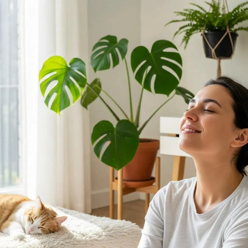 Person enjoying fresh air in a clean home with reduced allergens, surrounded by indoor plants and a sleeping cat, highlighting the benefits of improved indoor air quality for allergy relief.