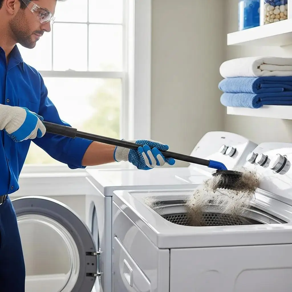 Technician cleaning a dryer vent, showcasing the importance of maintenance to prevent fire risks from pet hair