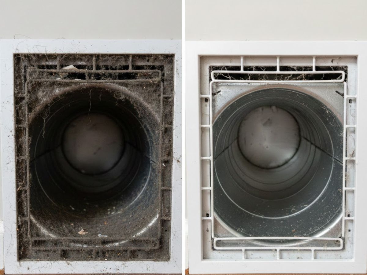 Before and after comparison of a dryer vent, showing significant dust and debris buildup on the left and a clean, clear vent on the right, emphasizing the importance of professional air duct cleaning for improved air quality and safety.