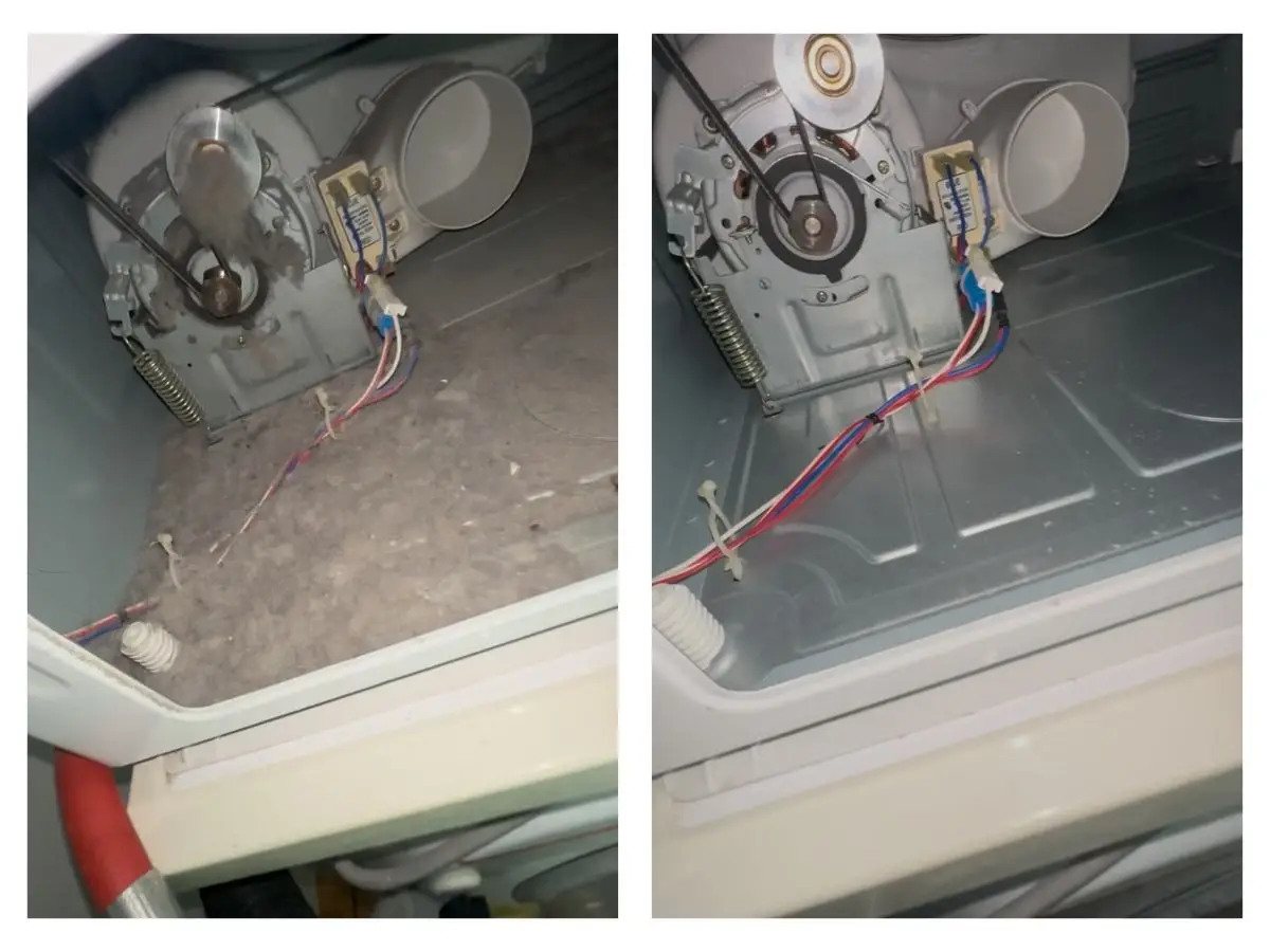 Before and after images of a dryer machine interior, highlighting significant lint buildup on the left and a clean, clear compartment on the right, emphasizing the importance of professional dryer vent cleaning services by Kealey's.