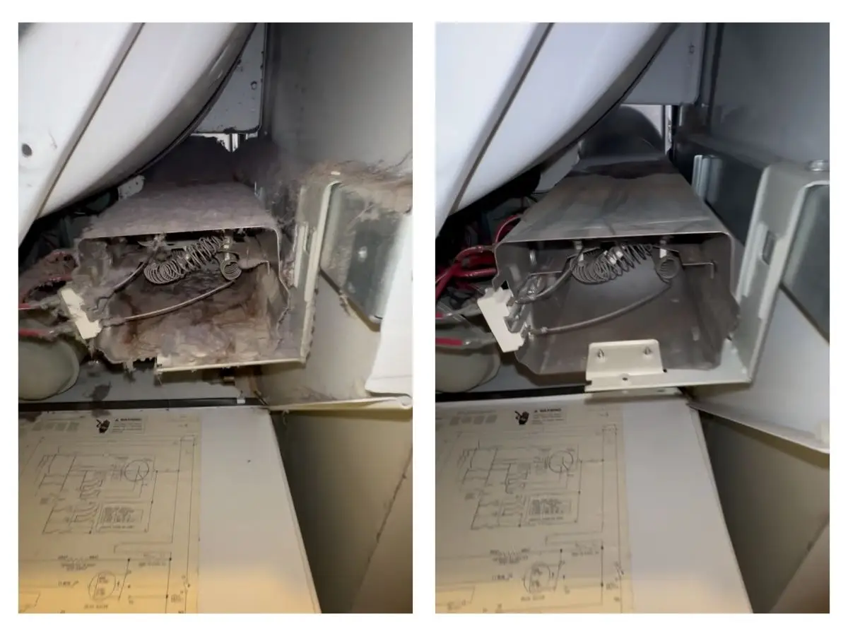 Before and after images of a dryer vent cleaning, showcasing significant lint buildup on the left and a clean vent on the right, emphasizing the importance of regular maintenance for improved airflow and safety.