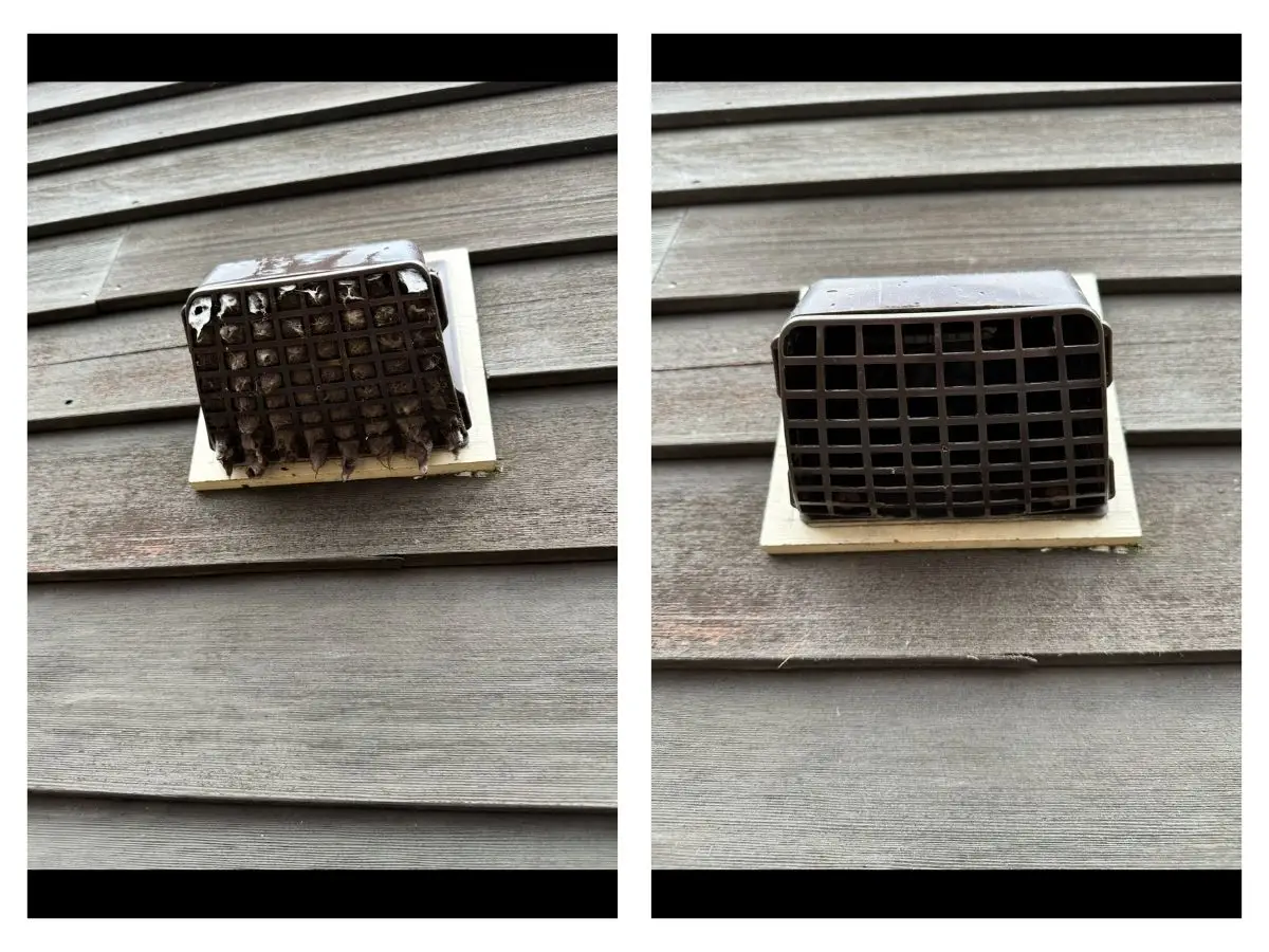 Before and after images of a dryer vent showing significant lint buildup on the left and a clean vent on the right, highlighting the effectiveness of professional dryer vent cleaning services by Kealey's.