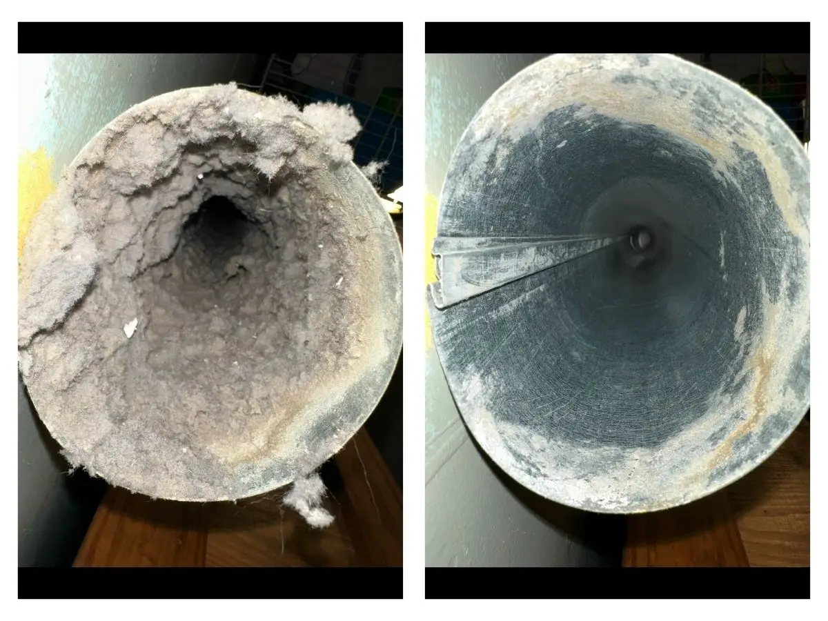 Before and after images of a dryer vent duct showing significant lint buildup on the left and a clean, clear duct on the right, illustrating the effectiveness of professional dryer vent cleaning services.
