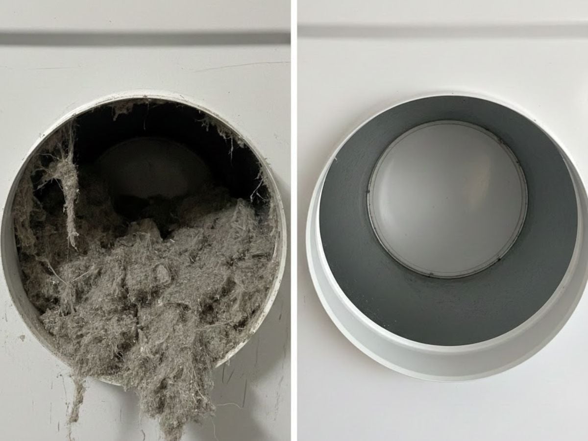 Before and after images of a dryer vent, showing significant lint buildup on the left and a clean, clear vent on the right, highlighting the importance of professional dryer vent cleaning services.
