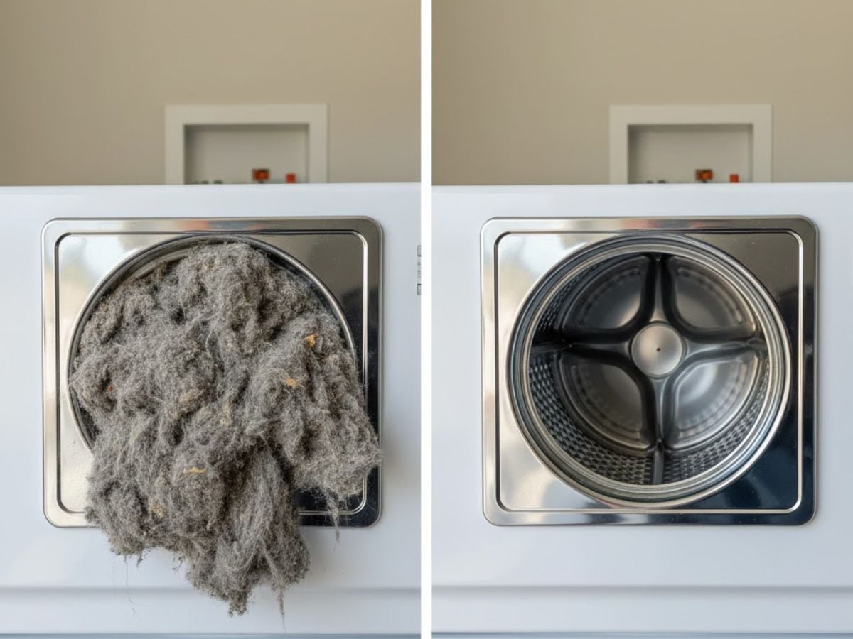 Before and after dryer vent lint removal in Portsmouth NH home