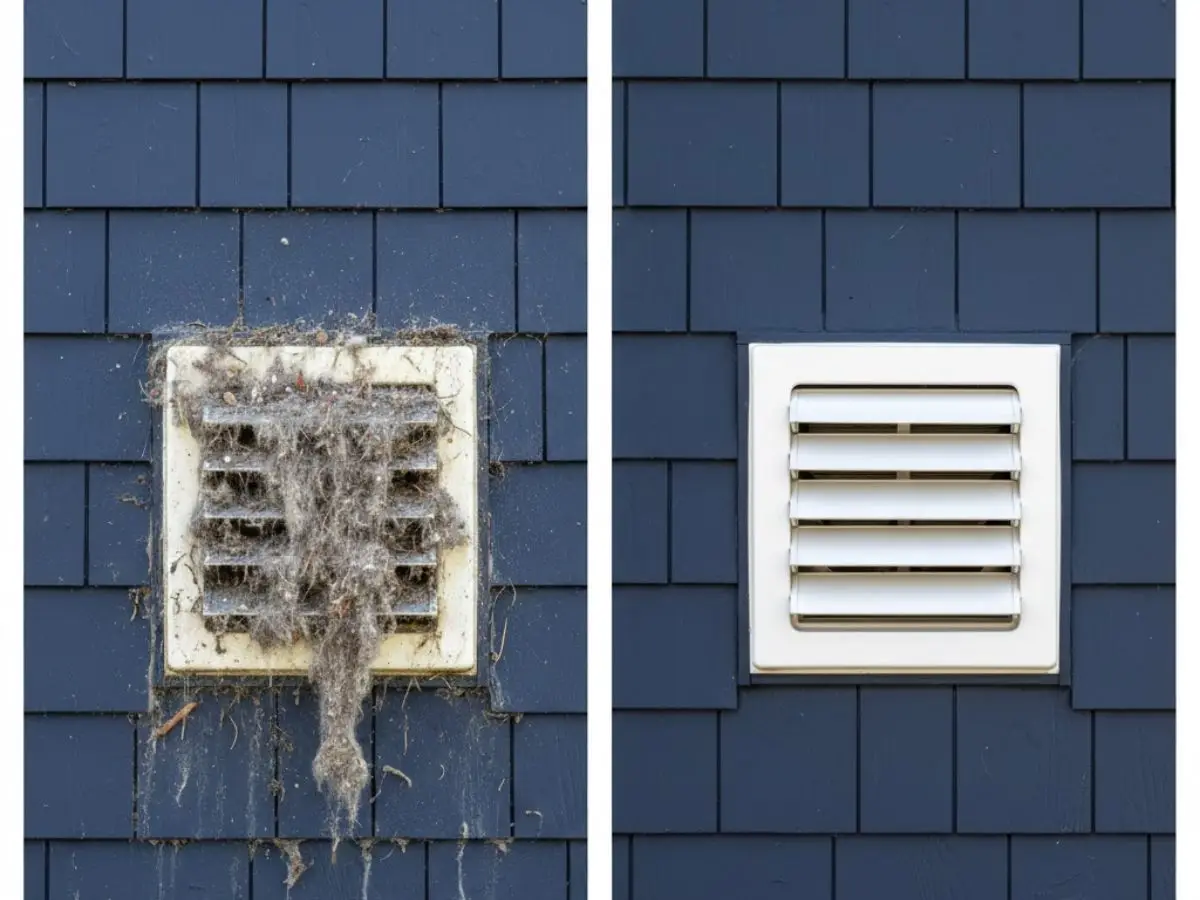 Before and after comparison of an exterior dryer vent, showing significant lint buildup on the left and a clean, restored vent on the right, emphasizing the importance of professional dryer vent cleaning services.