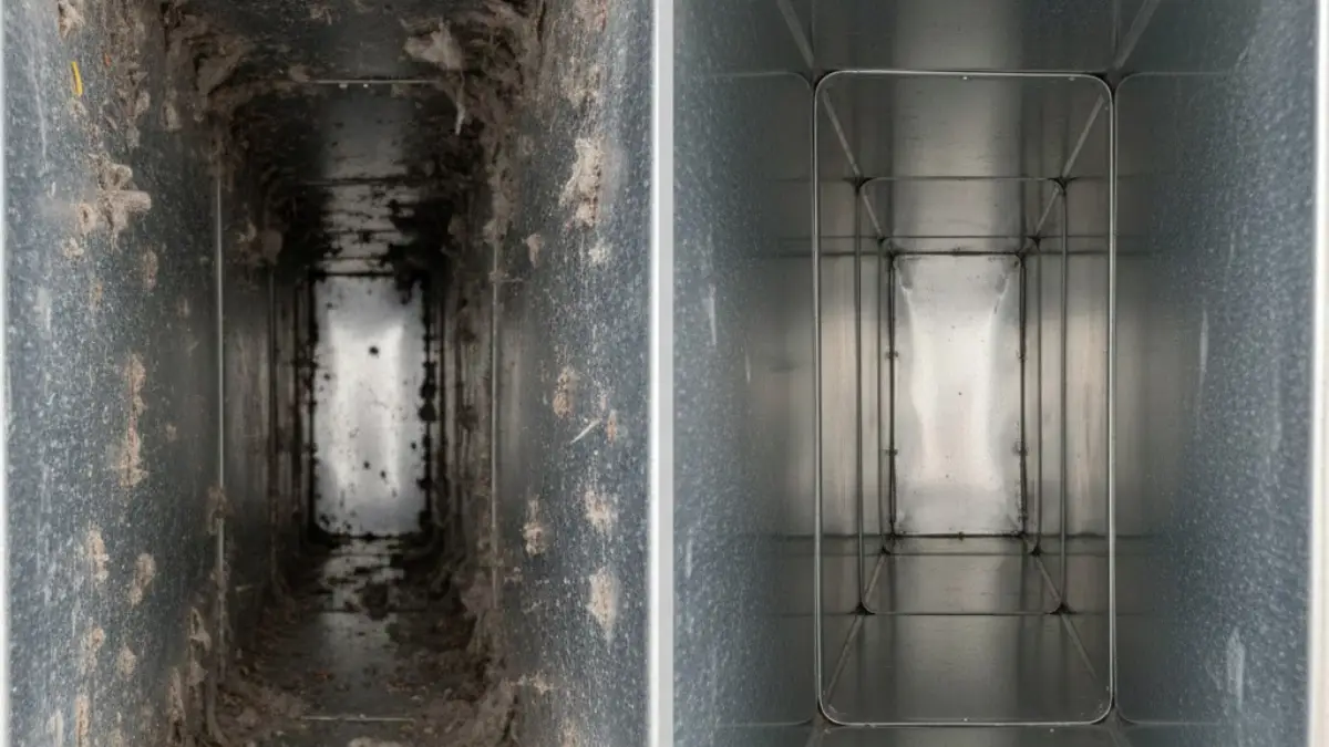 Before and after comparison of air ducts, showing significant dust and debris accumulation on the left and a clean, clear duct on the right, highlighting the importance of professional air duct cleaning for improved indoor air quality.