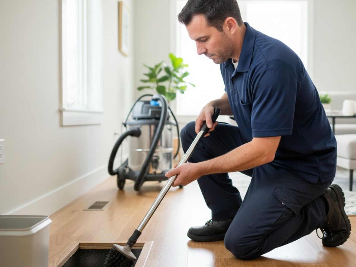 Professional HVAC technician cleaning air ducts with specialized equipment in a Seabrook home, emphasizing air quality and efficiency.