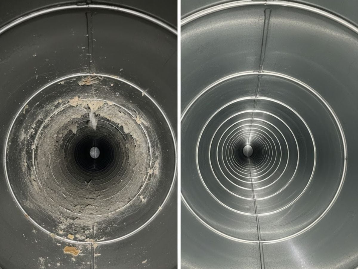 Before and after images of air duct cleaning, showing a dirty duct filled with dust and debris on the left and a clean, shiny duct interior on the right, illustrating the effectiveness of professional duct cleaning services.