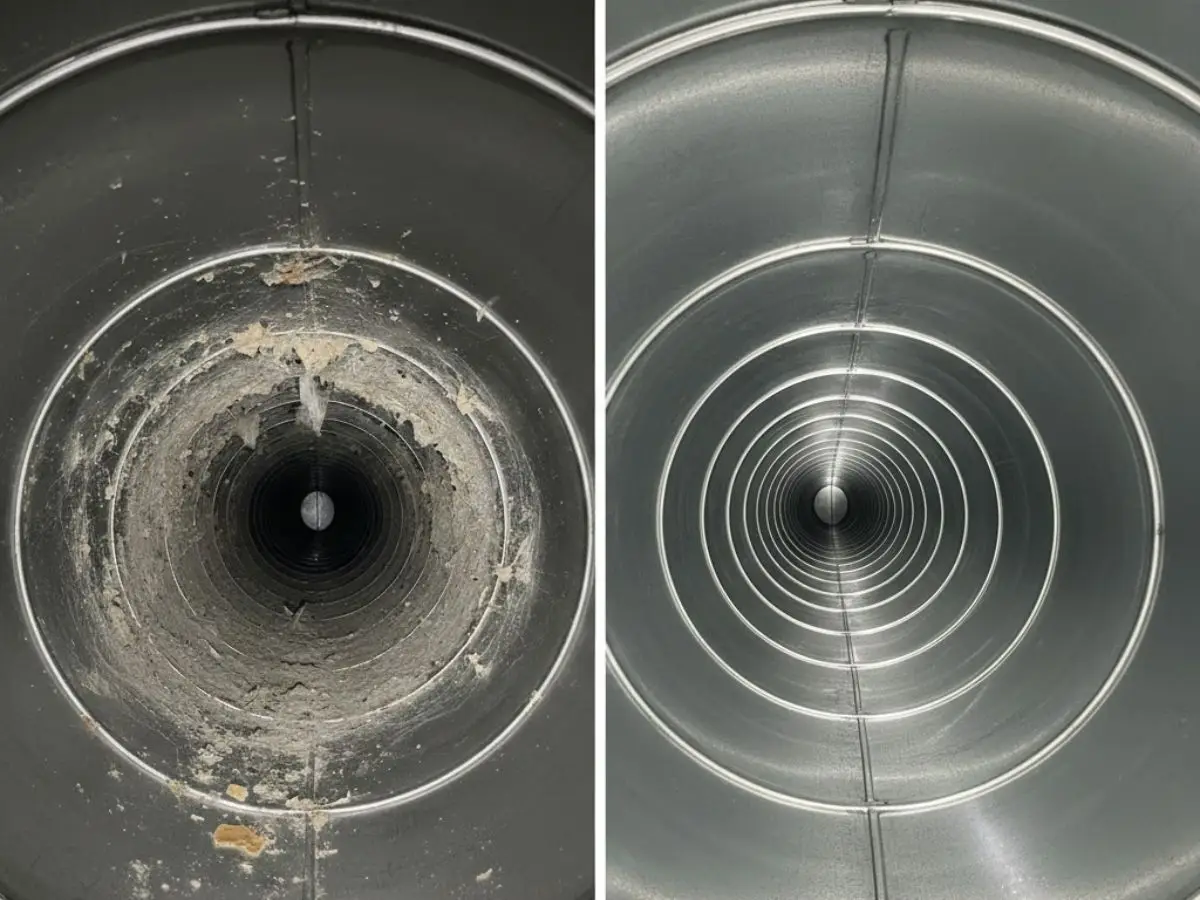 Air duct cleaning before and after: dusty ductwork and clean ductwork, documented results.