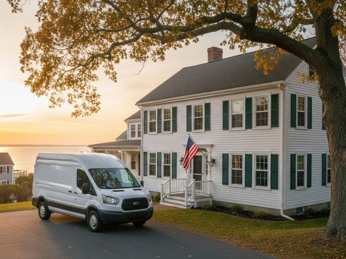 Historic home in Kittery, ME with American flag, parked service van for duct and dryer vent cleaning, coastal backdrop.