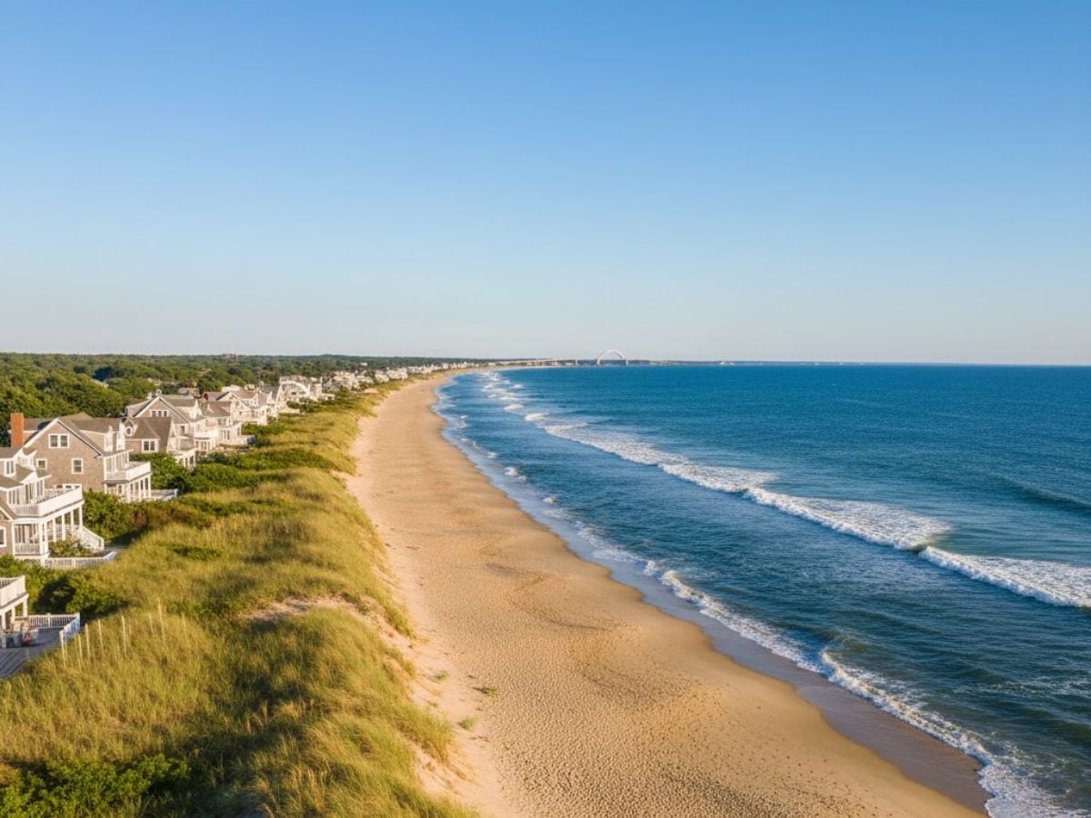 Seabrook Beach shoreline with beach cottages, sand dunes, and ocean waves, highlighting the coastal environment affecting HVAC systems and dryer vents.