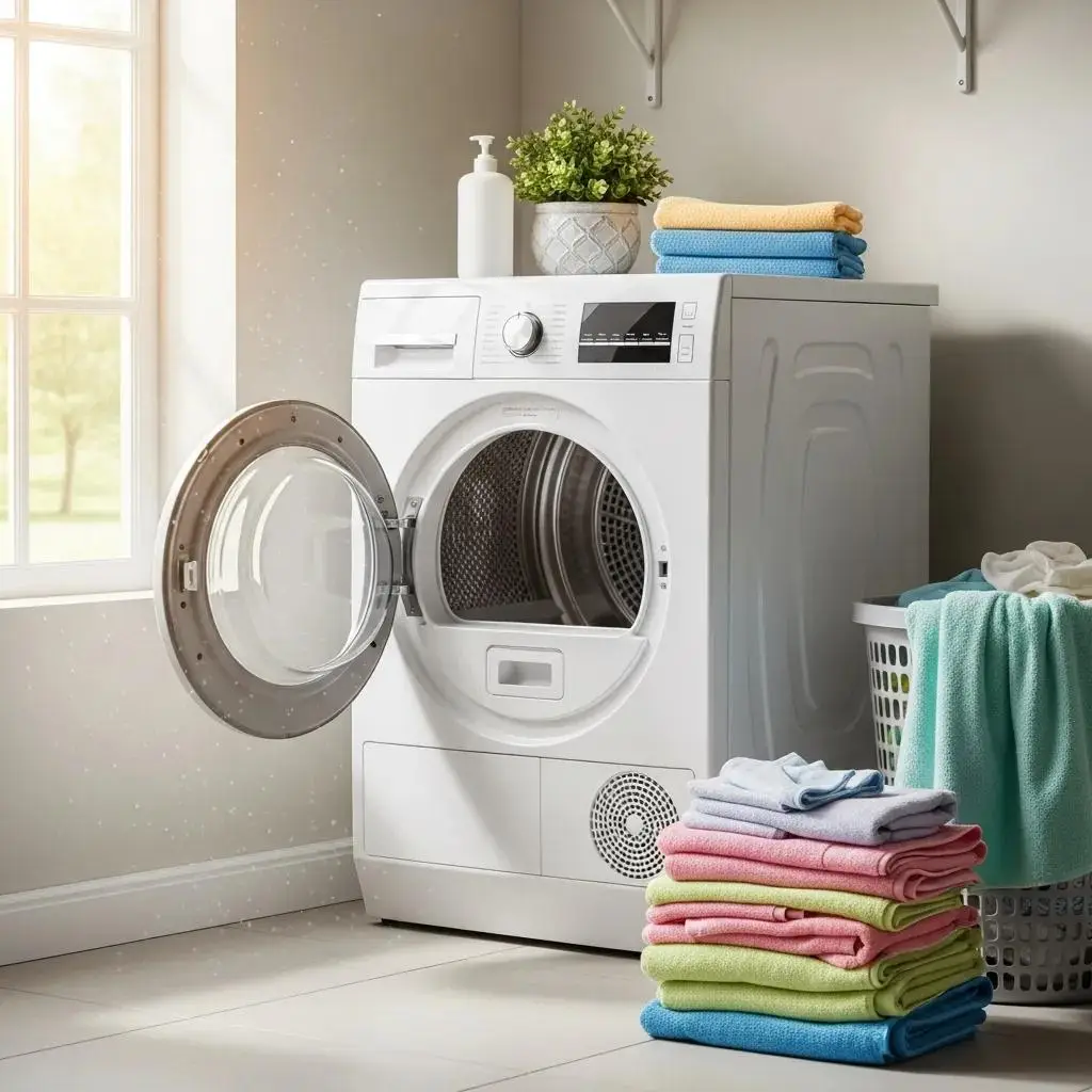 Clean dryer in bright laundry room with open door, stacked colorful towels, emphasizing safety and maintenance for fire prevention.