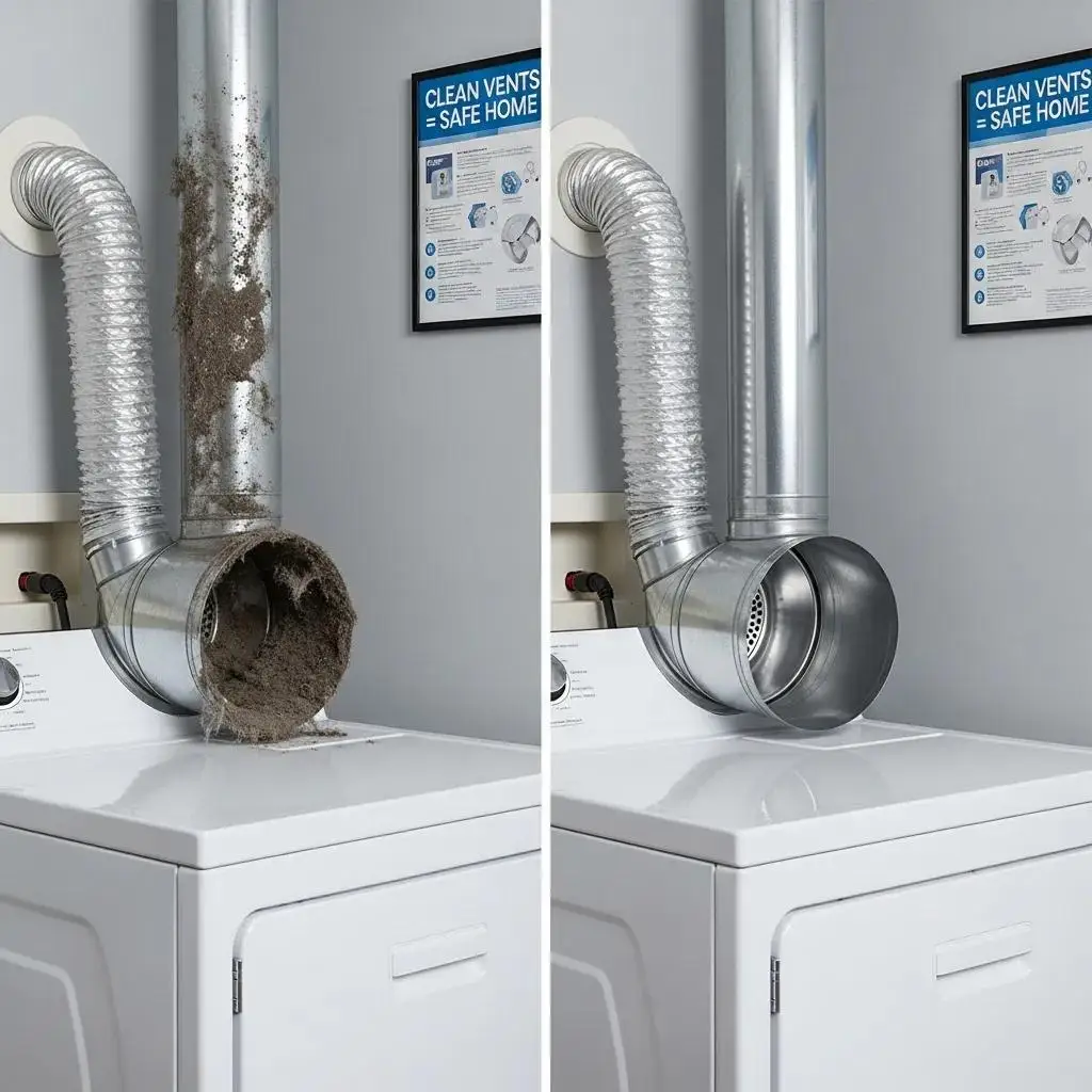 Dryer vent system before and after cleaning, highlighting lint buildup on the left and a clean vent on the right, emphasizing winter safety and efficiency.