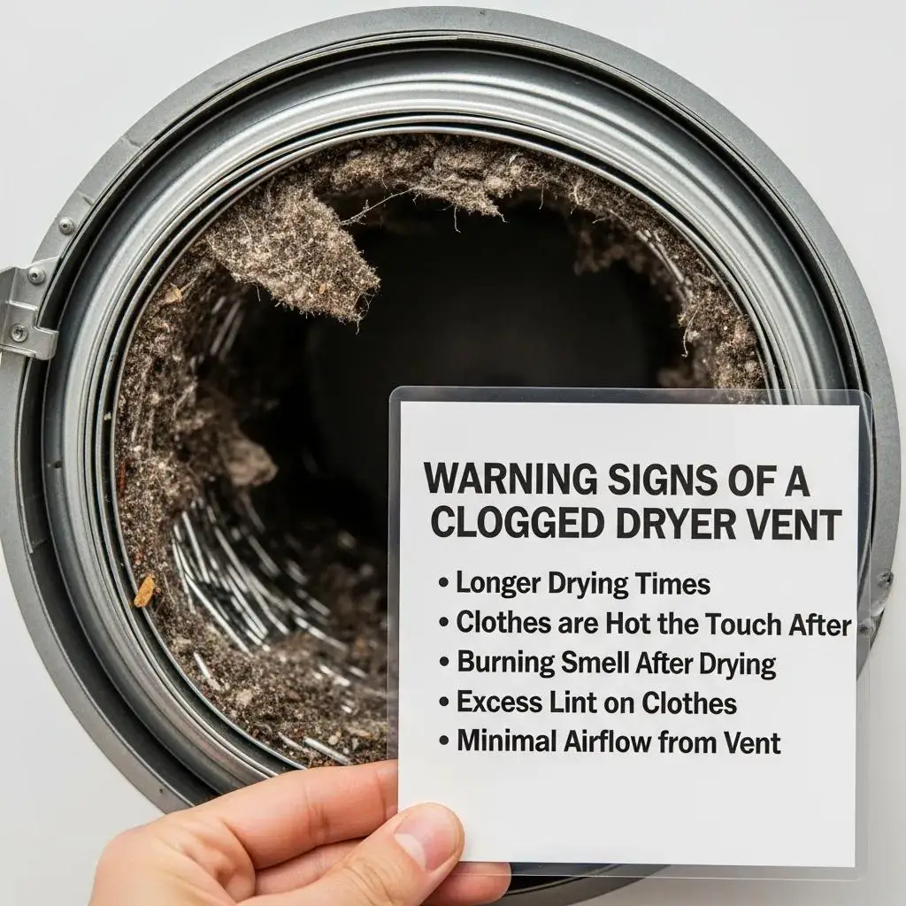 Close-up of a clogged dryer vent with visible lint buildup and a warning sign listing signs of blockage, including longer drying times, hot clothes, burning smells, excess lint, and minimal airflow.