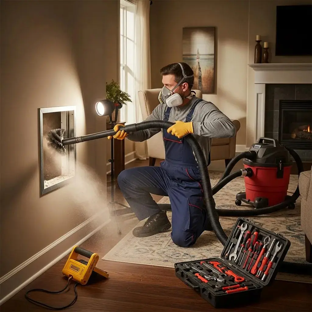 Professional technician cleaning air ducts with vacuum equipment to improve indoor air quality, wearing protective gear in a cozy living room setting.