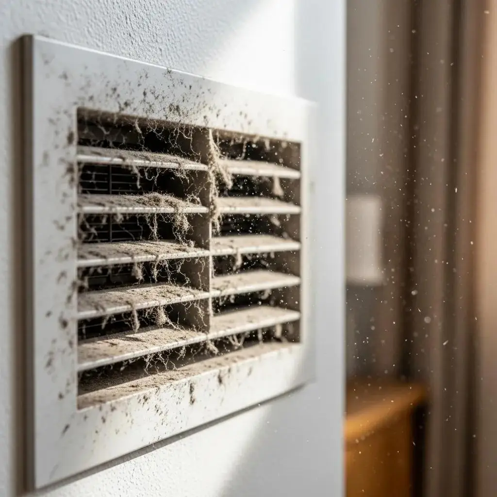 Dusty air vent with visible dust accumulation, illustrating the need for air duct cleaning and indicating potential air quality issues.
