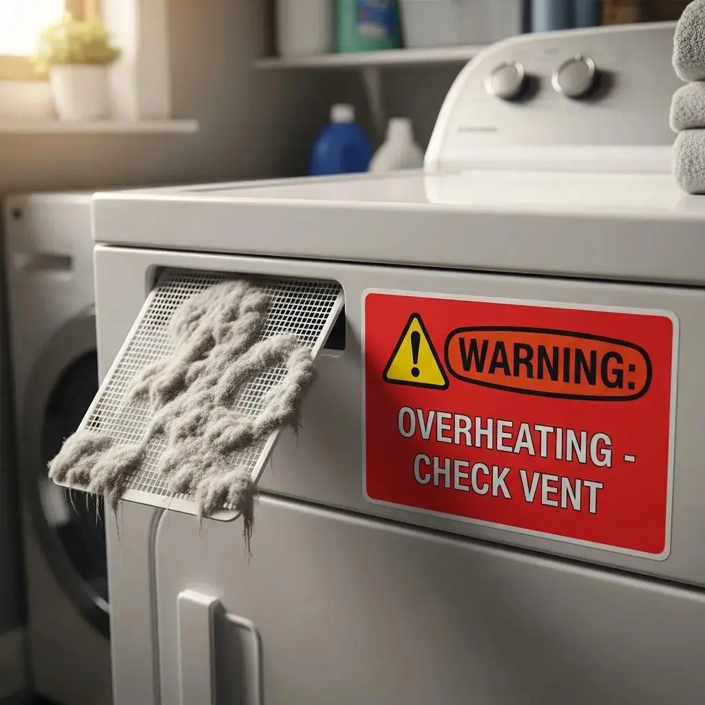 Close-up of a lint trap filled with lint and a dryer showing signs of overheating in a laundry room