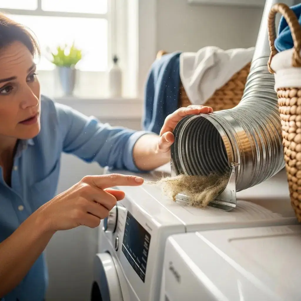 Homeowner inspecting dryer vent with lint buildup, indicating need for professional cleaning services to enhance HVAC efficiency and safety.