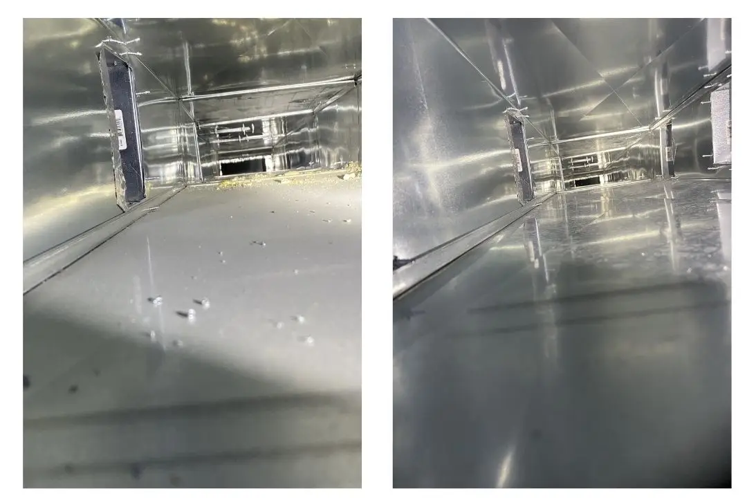 Before and after air duct cleaning, showing dirty and clean ductwork in Amesbury, MA.