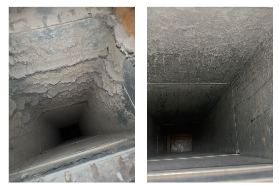 Before and after images of a dryer vent, showing significant lint buildup on the left and a clean, clear duct on the right, emphasizing the effectiveness of Kealey's professional cleaning services in Exeter, NH.