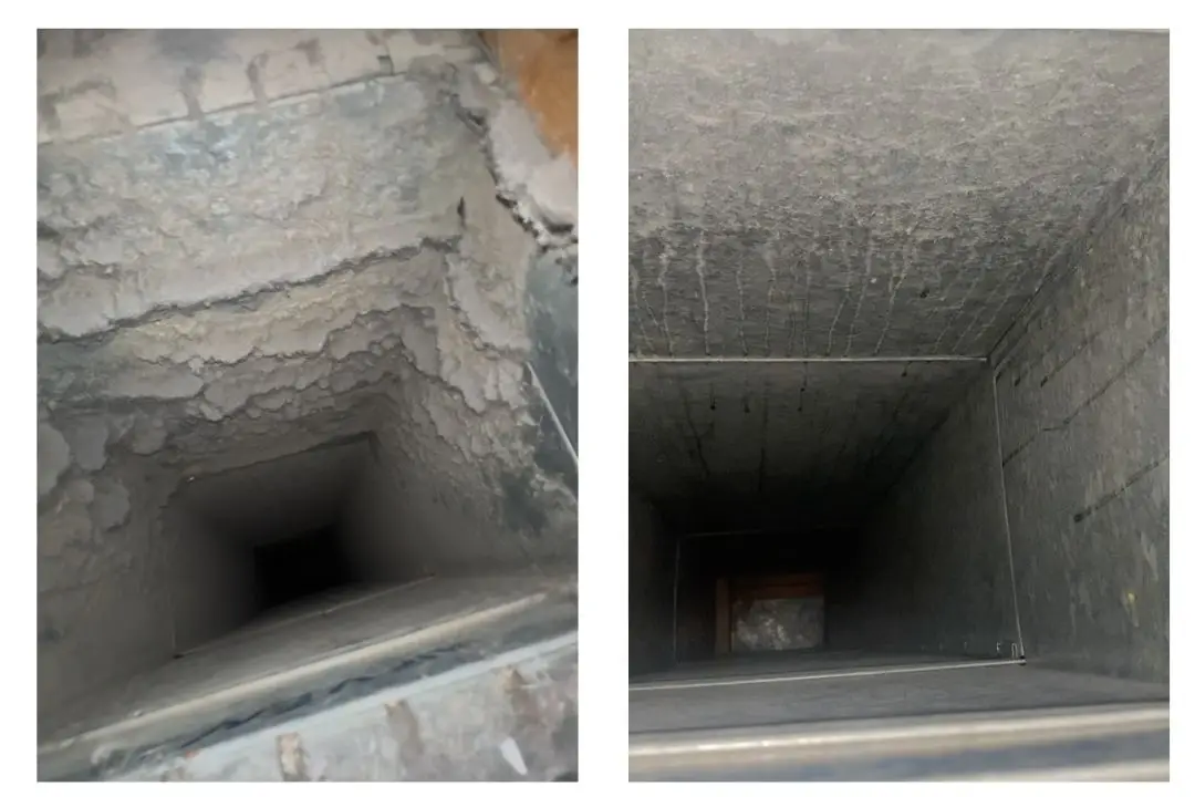 Air duct before and after cleaning, Exeter NH, documented results of Kealey's Duct Cleaning