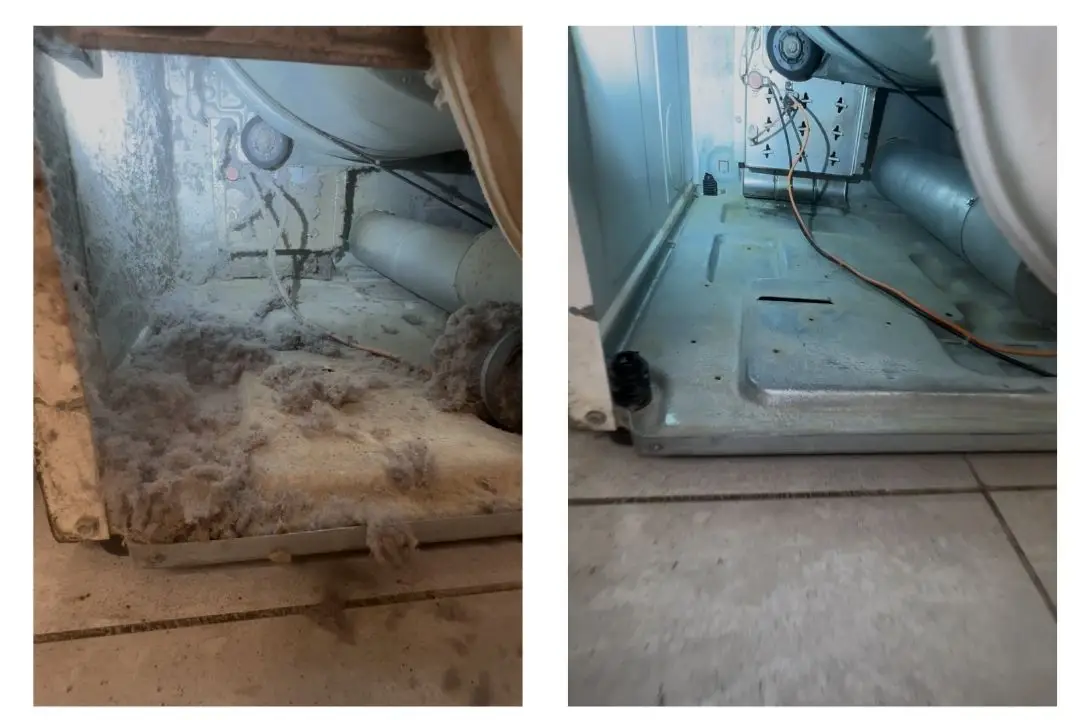 Clogged dryer vent before and after cleaning, showcasing lint buildup and restored airflow.