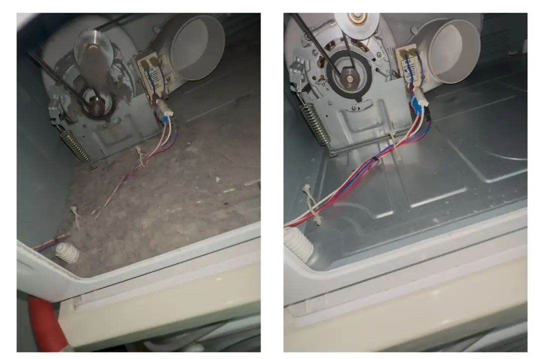Dryer interior before and after professional cleaning, showcasing lint buildup and restored airflow.