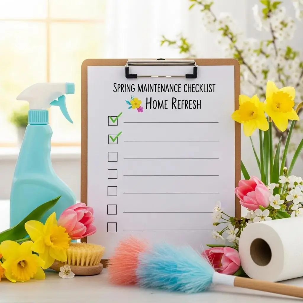 Spring maintenance checklist with cleaning tools and flowers, symbolizing home preparation for allergy season