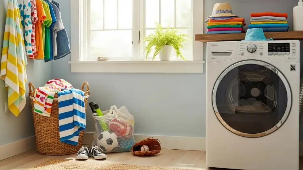 Coastal New England laundry room with beach towels and sports gear, highlighting dryer vent safety