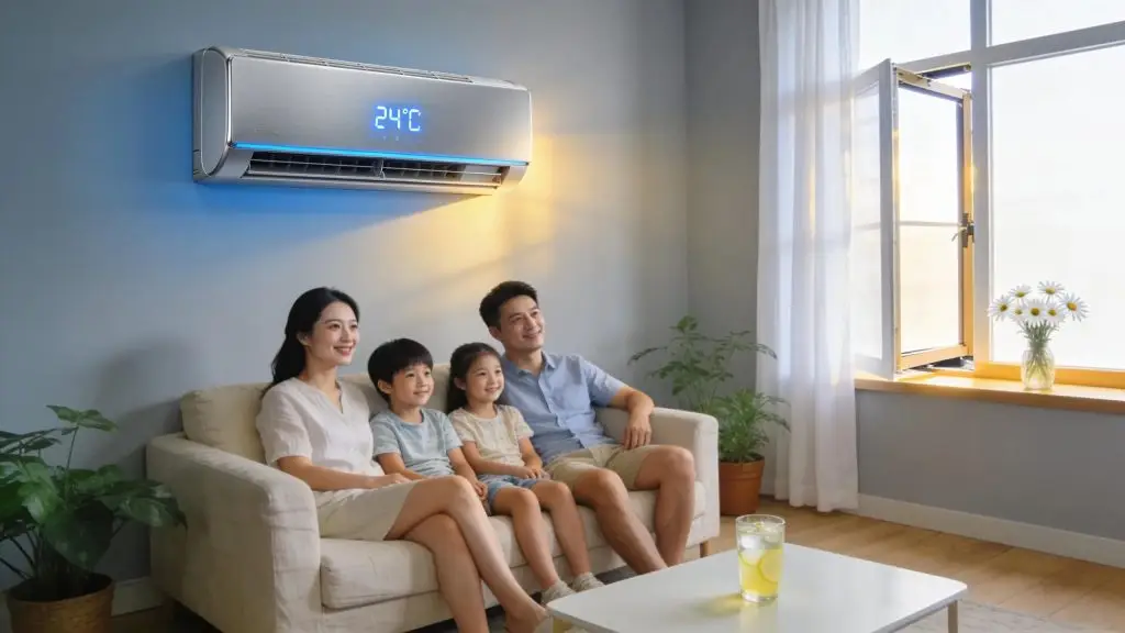 Modern air conditioning unit in a bright living room, symbolizing clean air quality