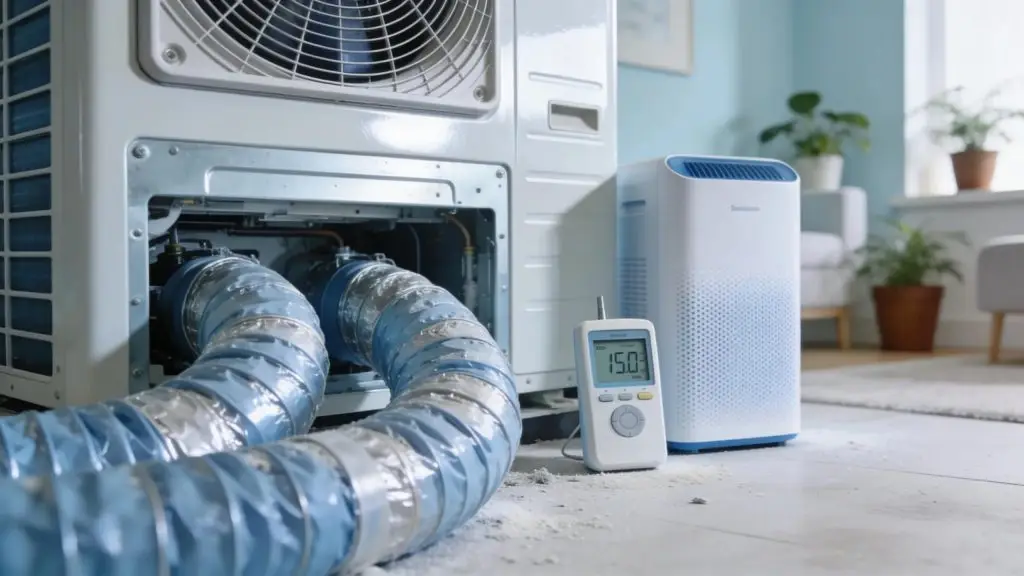 Air conditioning unit and ducts in a clean home environment, representing solutions to combat musty smells