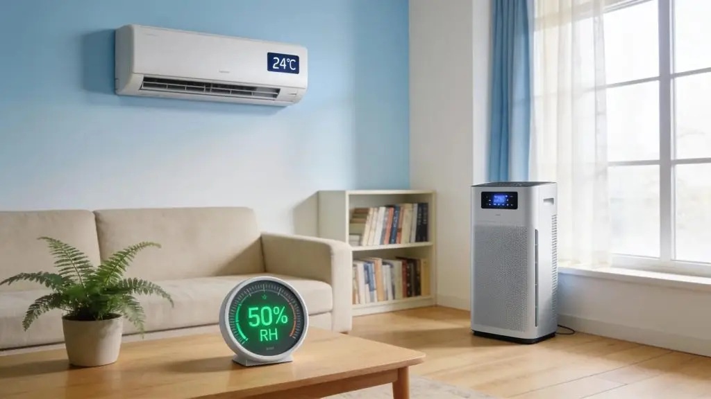 Indoor scene featuring a hygrometer and dehumidifier, emphasizing the importance of controlling humidity for better air quality