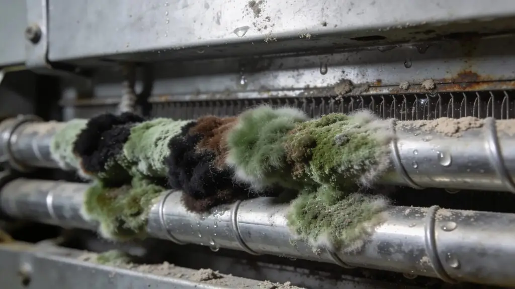 Close-up of mold growth on air ducts, illustrating health risks associated with poor indoor air quality