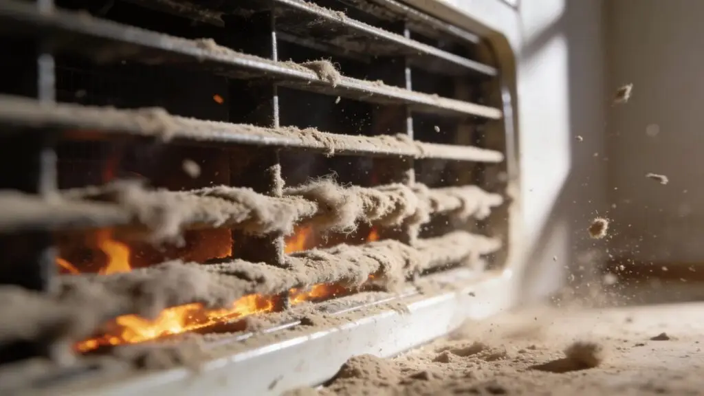 Close-up of a dusty air vent indicating fire hazard risks in HVAC systems