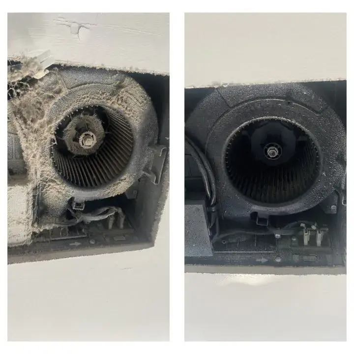 Before and after images of a dryer vent fan covered in dust and debris, illustrating