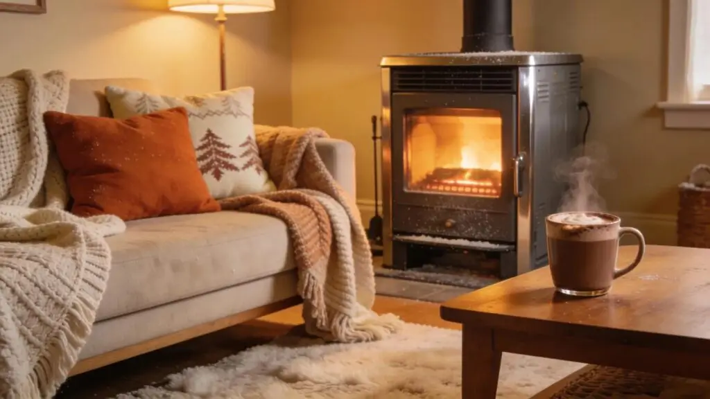 Cozy living room with a clean furnace, emphasizing safety and warmth during winter